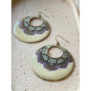 Mandir Enamel Earrings Boho Disc Dangle Large Gypsy Statement Earthy Ornate